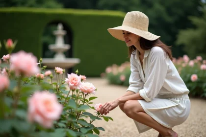 Femme se promenant dans un jardin fleuri à la française, touchant une rose rose épanouie parmi des haies de buis taillées