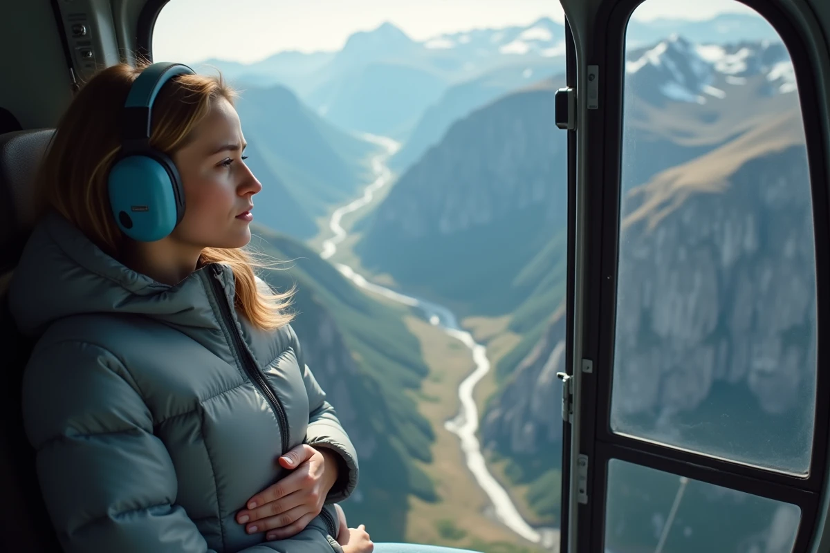 Jeune femme souffrant du mal des montagnes à la porte ouverte d'un hélicoptère survolant un paysage alpin en haute altitude