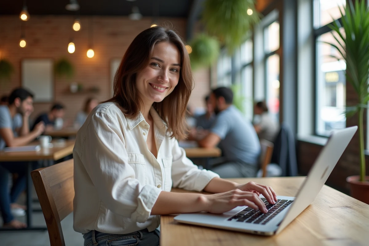 Femme nomade numérique travaillant sur son ordinateur portable dans un espace de co-working moderne avec murs en briques