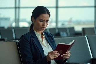 Femme tenant un passeport ouvert dans un terminal d'aéroport international, vérifiant la date d'expiration avant un voyage en Italie