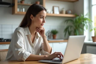 Femme consultant un site de location de vacances sur son ordinateur portable depuis chez elle