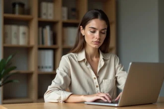 Femme consultant un site web gratuit sur son ordinateur portable dans un bureau à domicile moderne