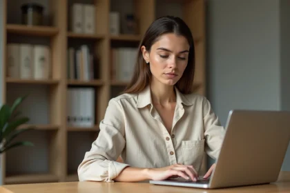 Femme consultant un site web gratuit sur son ordinateur portable dans un bureau à domicile moderne