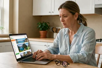 Femme consultant un site de réservation de voyage Leclerc en ligne sur son ordinateur portable dans une cuisine moderne