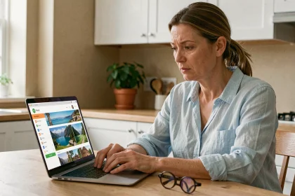 Femme consultant un site de réservation de voyage Leclerc en ligne sur son ordinateur portable dans une cuisine moderne