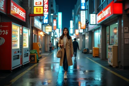 Femme se promenant seule dans une rue animée de Shinjuku la nuit, reflets de néons sur l'asphalte mouillé à Tokyo