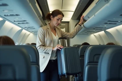 Femme glissant une valise cabine rigide dans le compartiment supérieur d'un avion