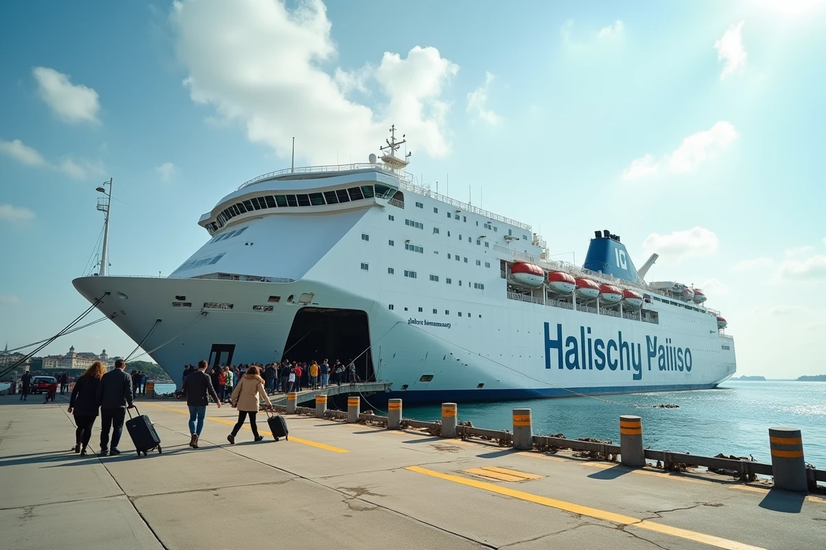 Ferry économique en cours d'embarquement dans un port du sud de la France pour rejoindre la Corse