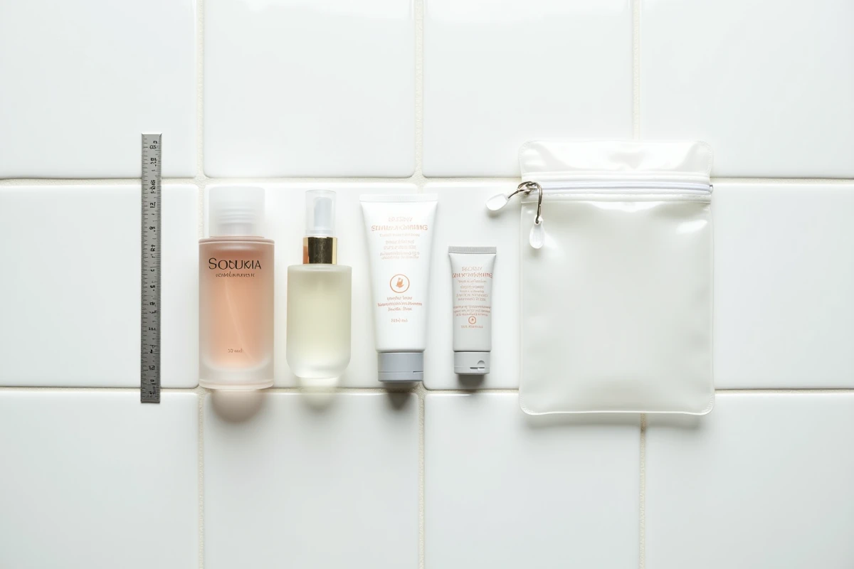 Vue de dessus de flacons de liquides de voyage de 100ml et sac transparent zippé d'un litre pour bagage cabine