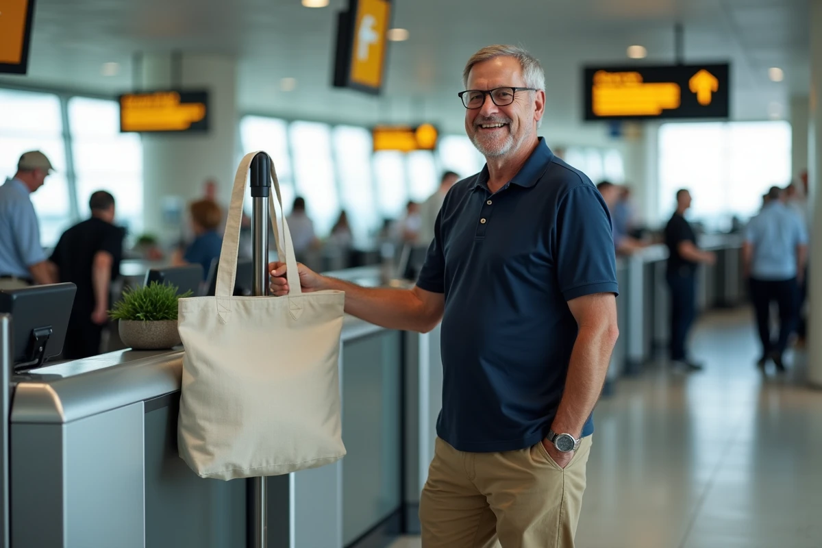 Voyageur vérifiant la taille de son sac bagage cabine avec le gabarit Spirit Airlines à l'aéroport