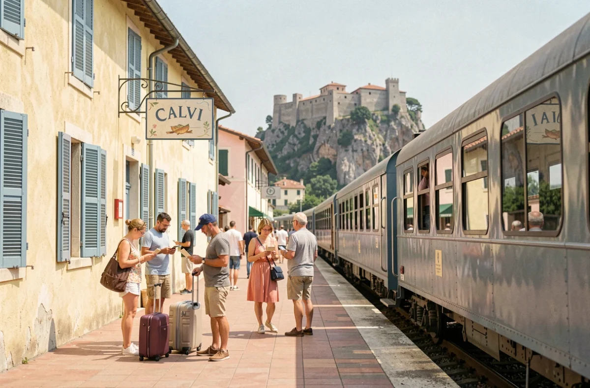 Quai de la gare de Calvi avec le train de Balagne à l'arrêt et la citadelle génoise en arrière-plan