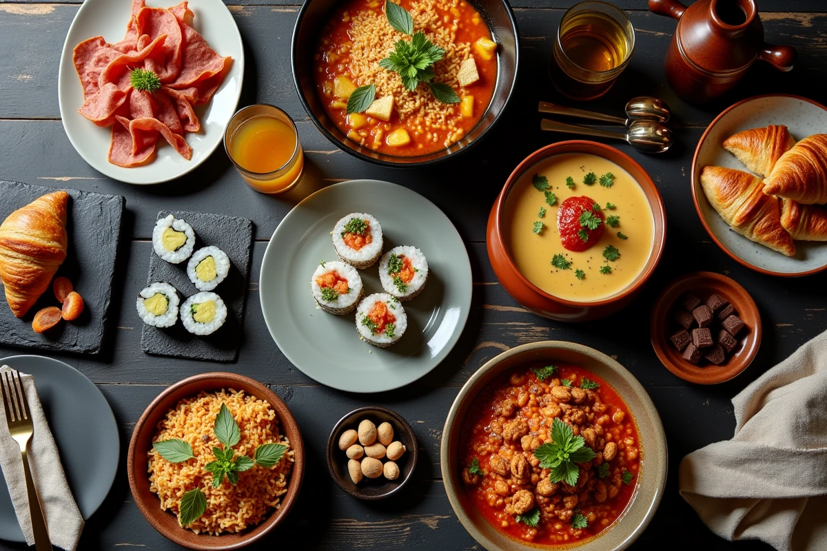 Plateau gastronomique international avec spécialités culinaires du monde entier, sushis, croissants, tapas et curry