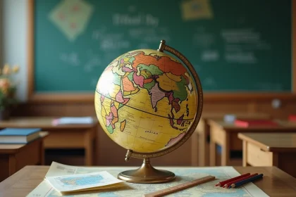 Globe terrestre posé sur un bureau scolaire montrant la péninsule arabique et le continent asiatique avec Dubai visible, entouré de cartes et de matériel de géographie