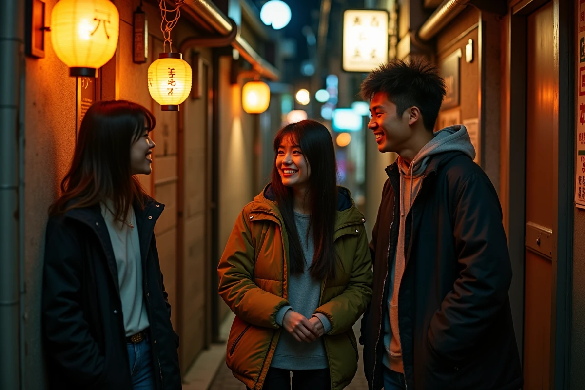 Groupe d'amis explorant les ruelles animées du Golden Gai à Tokyo la nuit, ambiance authentique et conviviale