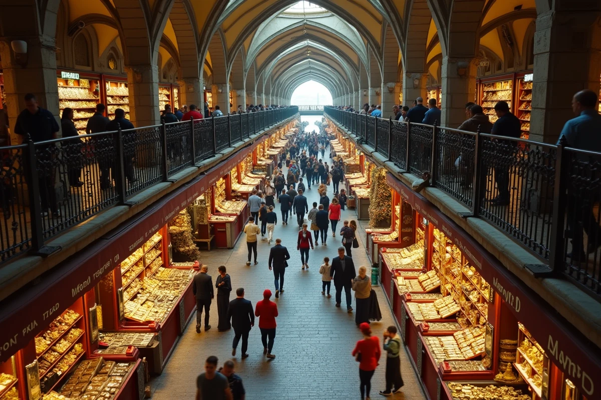 Vue en hauteur du Grand Bazar d'Istanbul montrant ses voûtes en pierre et ses allées commerçantes bondées de visiteurs