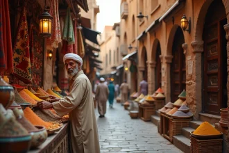 Allée étroite d'un grand bazar traditionnel du Moyen-Orient avec des tapis colorés suspendus et un marchand arrangeant ses épices