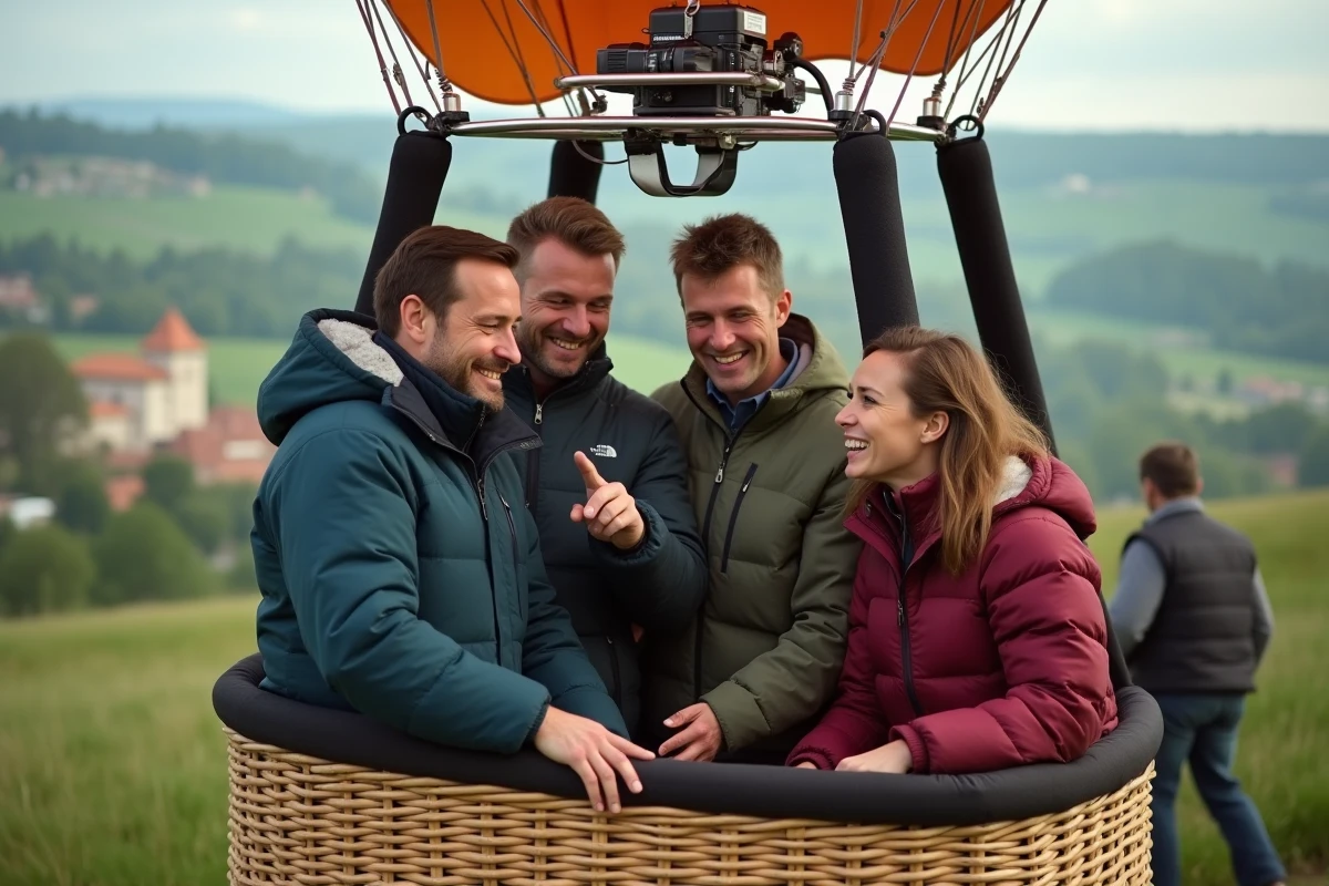 Groupe d'adultes dans la nacelle d'une montgolfière au sol, l'un d'eux regardant vers le bas avec appréhension avant le décollage
