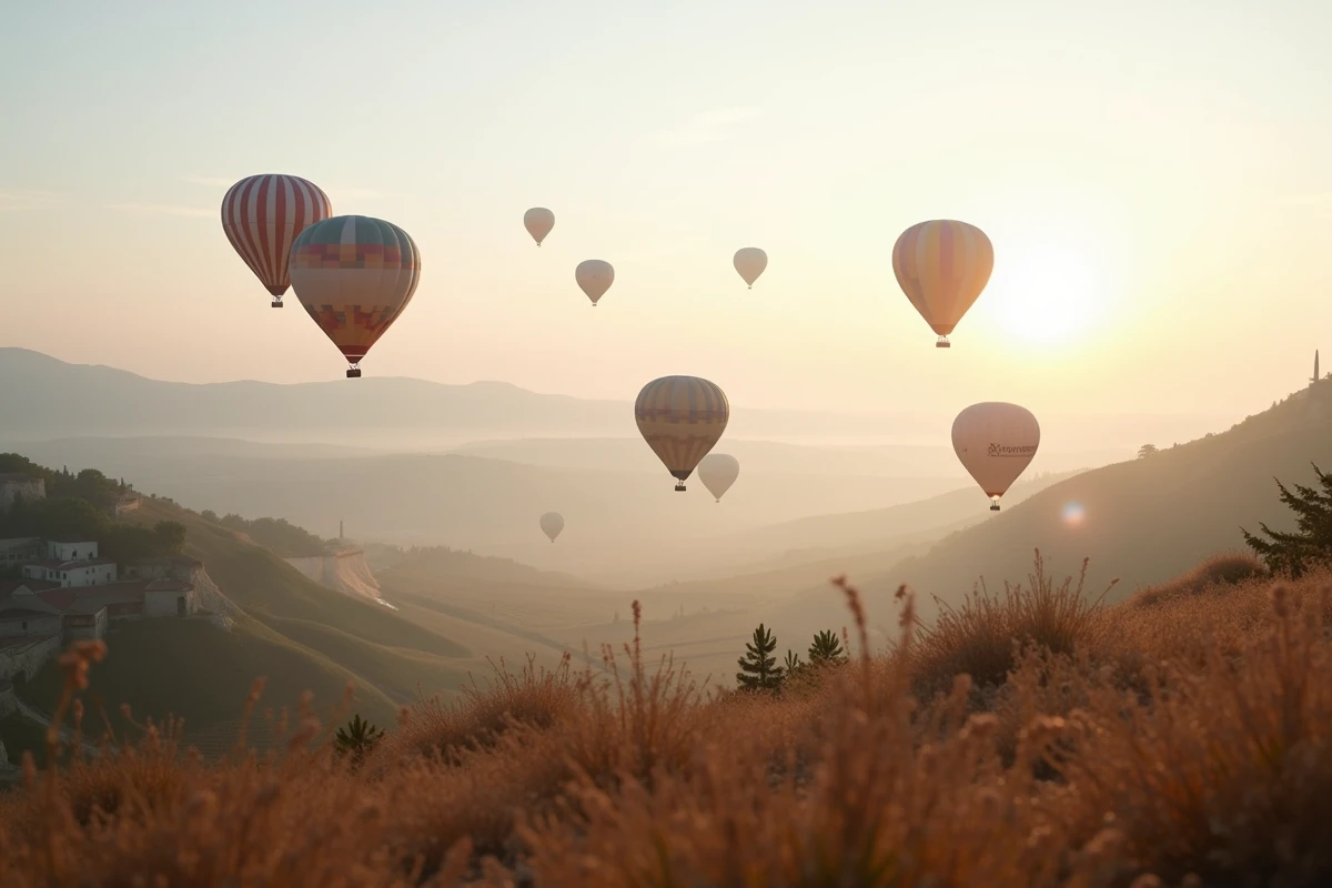 Plusieurs montgolfières colorées s'élevant ensemble au-dessus d'une vallée brumeuse à l'aube