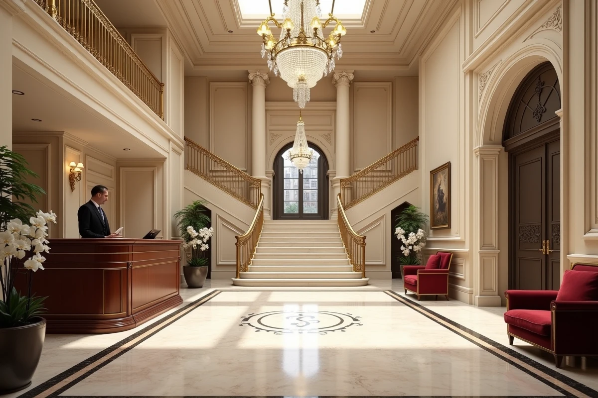 Hall d'entrée majestueux d'un palace français avec escalier en marbre et concierge en uniforme