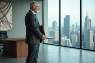 Homme d'affaires en costume sur fond de skyline urbaine illustrant la richesse et le pouvoir financier mondial