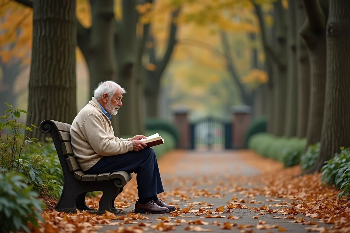 Homme âgé lisant sur un banc en bois dans une allée arborée d'un jardin botanique en automne