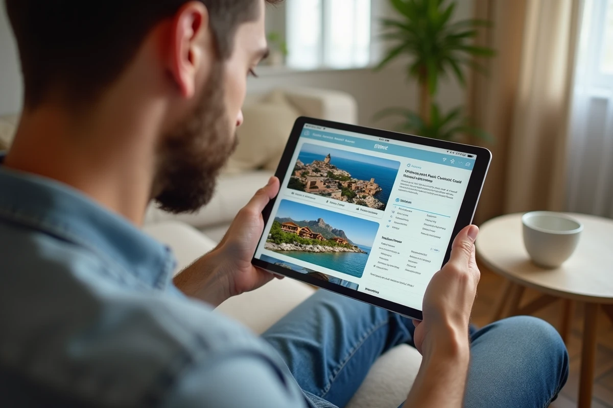 Homme comparant plusieurs plateformes de location de vacances sur une tablette numérique