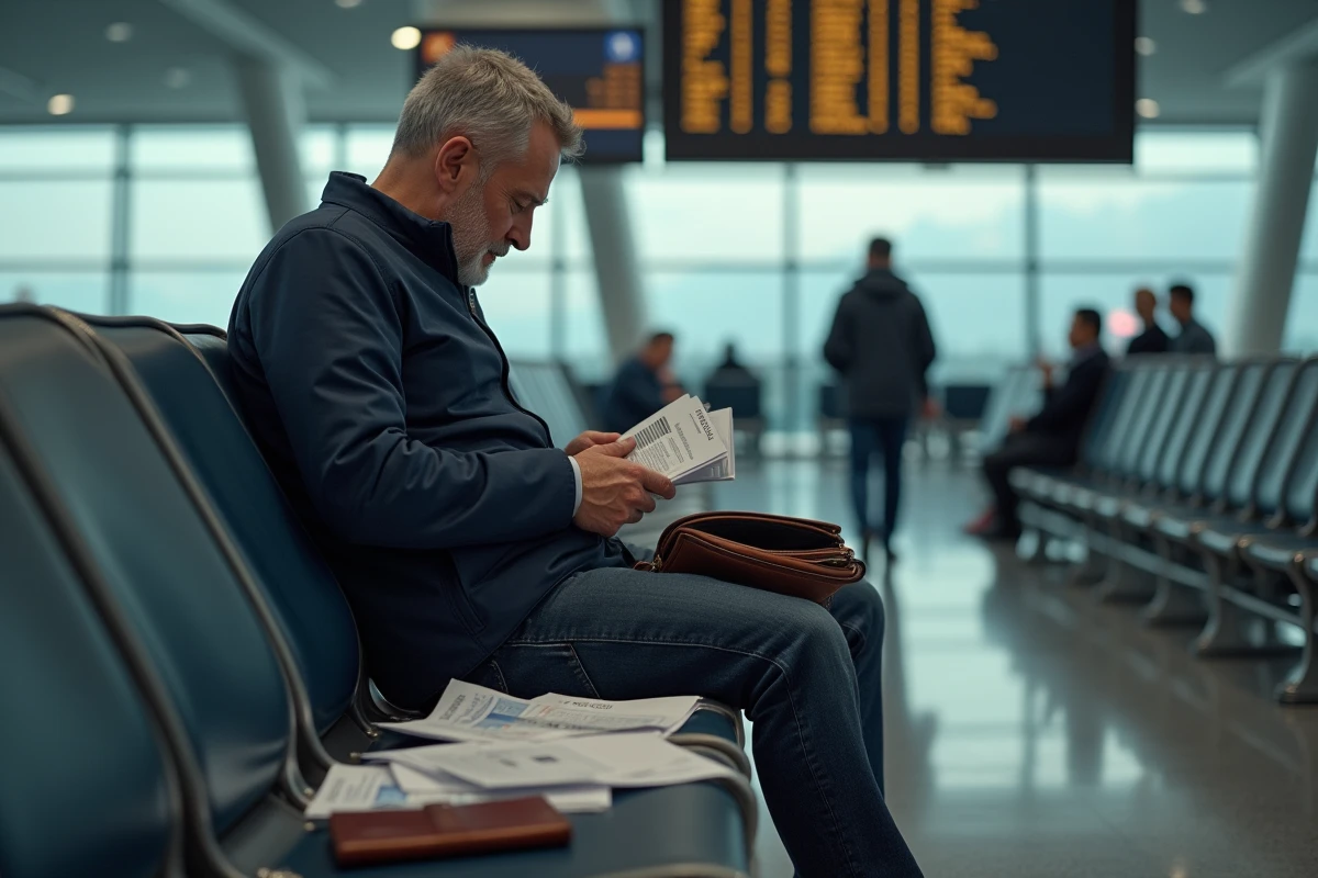 Homme cherchant ses documents d'identité dans un aéroport avant l'embarquement