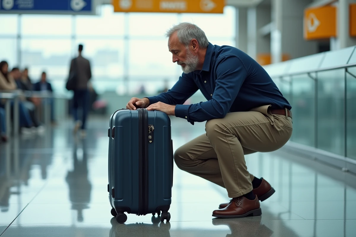 Homme inspectant minutieusement une valise cabine à roulettes dans un aéroport
