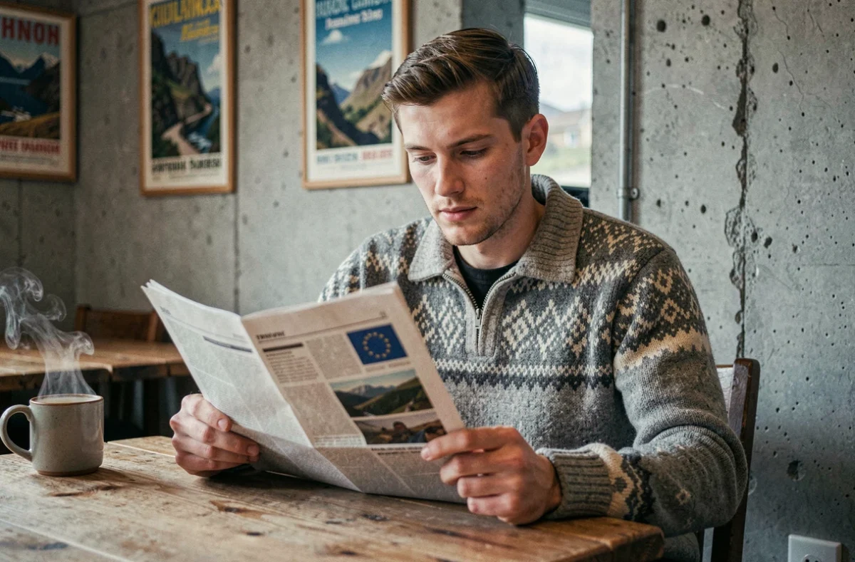 Homme islandais lisant un journal sur l'Europe dans un café de Reykjavik, symbolisant le débat sur l'adhésion de l'Islande à l'Union européenne
