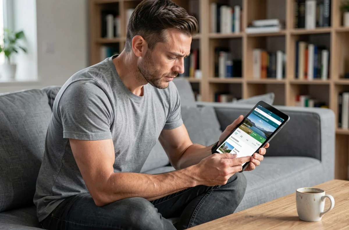 Homme lisant attentivement les conditions d'une offre de voyage Leclerc sur une tablette dans son salon