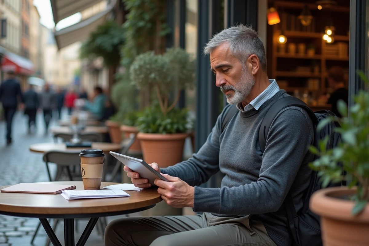 Homme nomade digital travaillant sur une tablette dans un café de rue européen avec terrasse en pierre