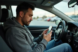 Jeune homme déçu regardant son téléphone avec des refus sur une application de covoiturage BlaBlaCar