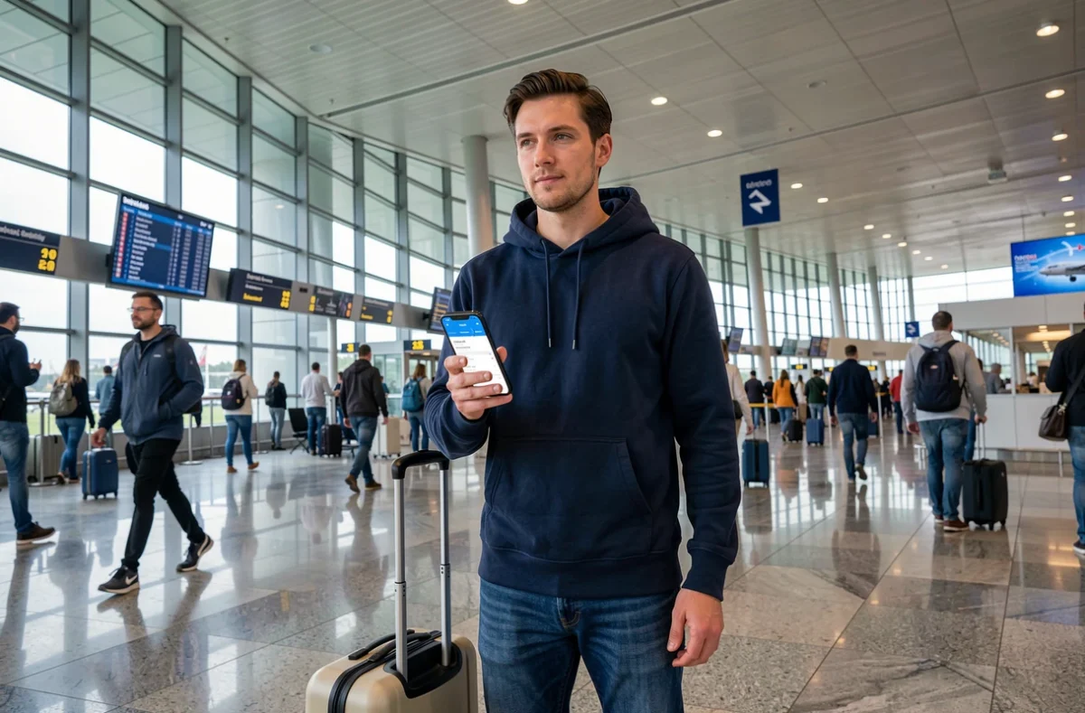 Homme réservant un vol pas cher sur smartphone dans un aéroport international bondé