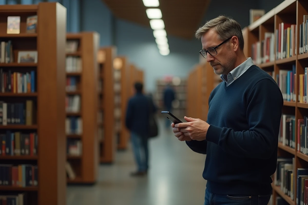 Homme évaluant un service en ligne gratuit sur son smartphone dans une bibliothèque publique