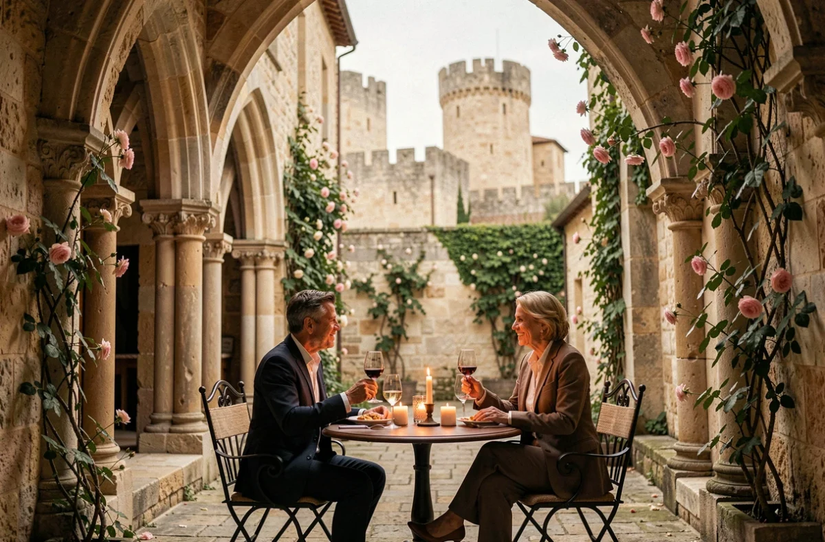 Cour intérieure médiévale de l'Hôtel de la Cité Carcassonne MGallery avec couple attablé sous les arcades en pierre