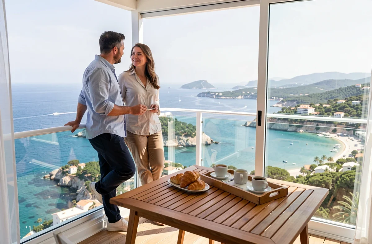 Balcon vue mer de l'Hôtel Le Catalan avec un couple et un plateau petit-déjeuner face à la Méditerranée