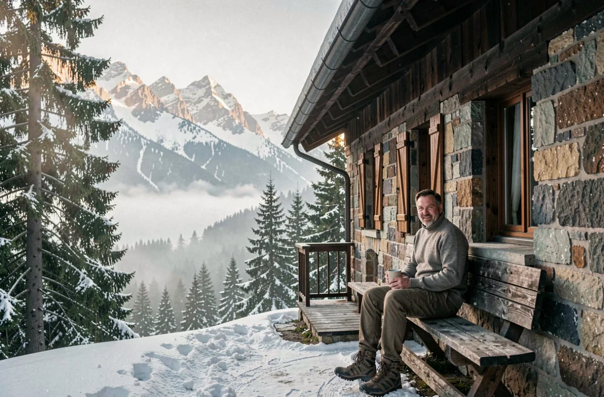 Facade en pierre de l'Hôtel Le Grand Tétras dans les Pyrénées avec randonneur sur le porche en bois face aux sommets