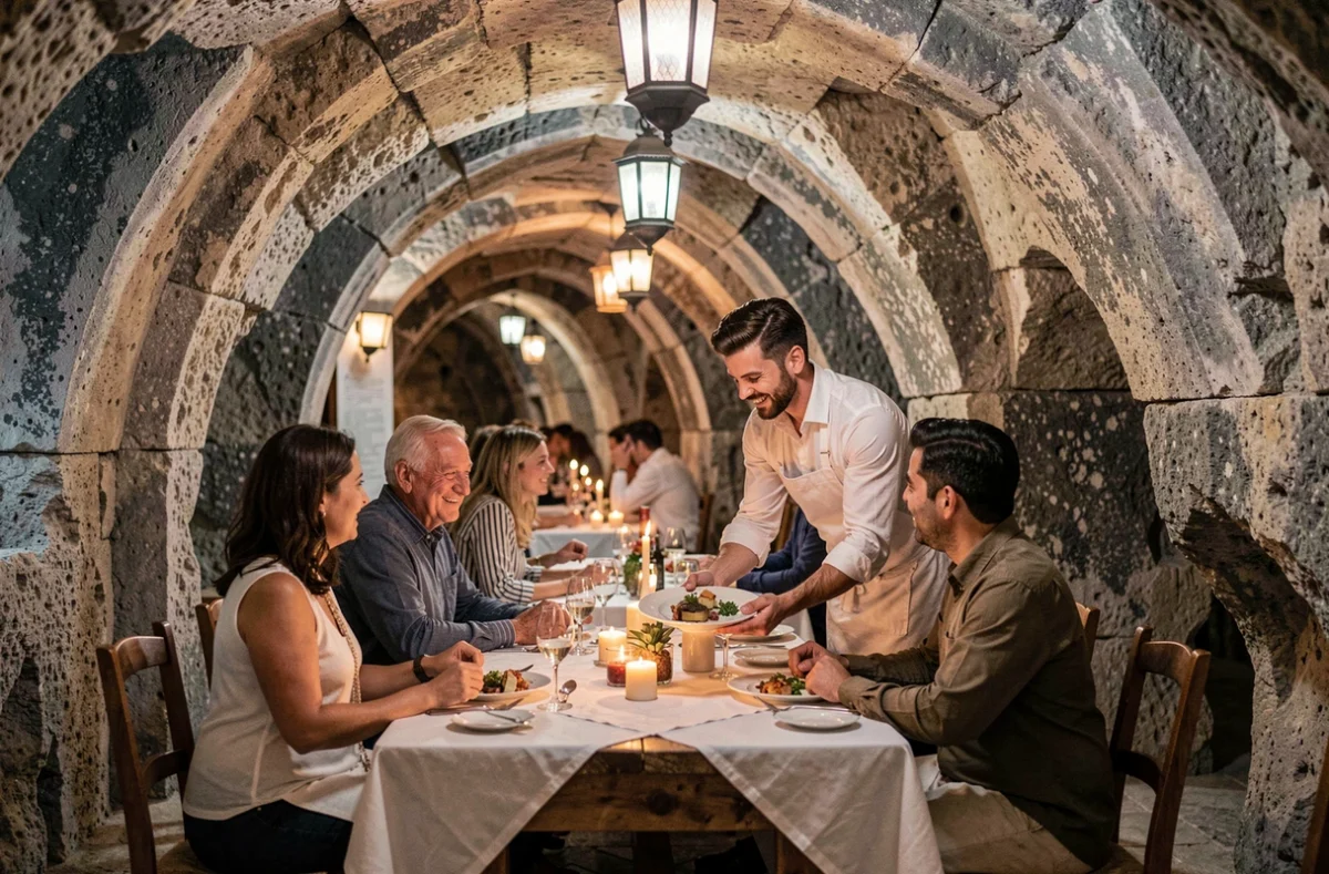 Salle de restaurant troglodyte de l'Hôtel-Restaurant des Grottes dans le Lot avec tables dressées sous la voûte calcaire