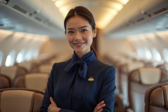 Hôtesse de l'air élégante en uniforme bleu marine dans la cabine de première classe d'une compagnie aérienne prestigieuse