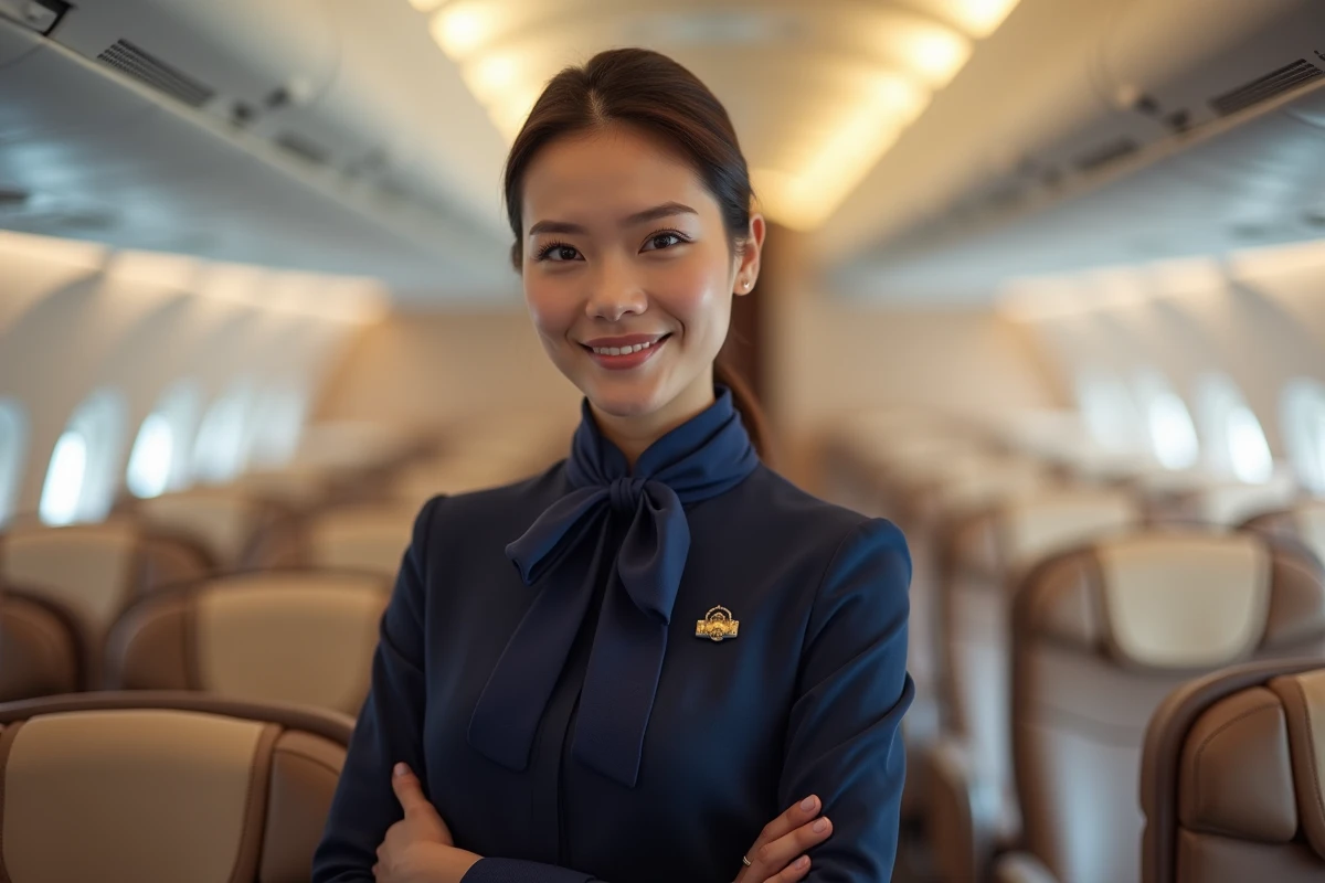 Hôtesse de l'air élégante en uniforme bleu marine dans la cabine de première classe d'une compagnie aérienne prestigieuse