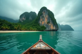 Île isolée entourée de falaises rocheuses et de jungle dense vue depuis un bateau de pêche en bois sur une mer turquoise calme