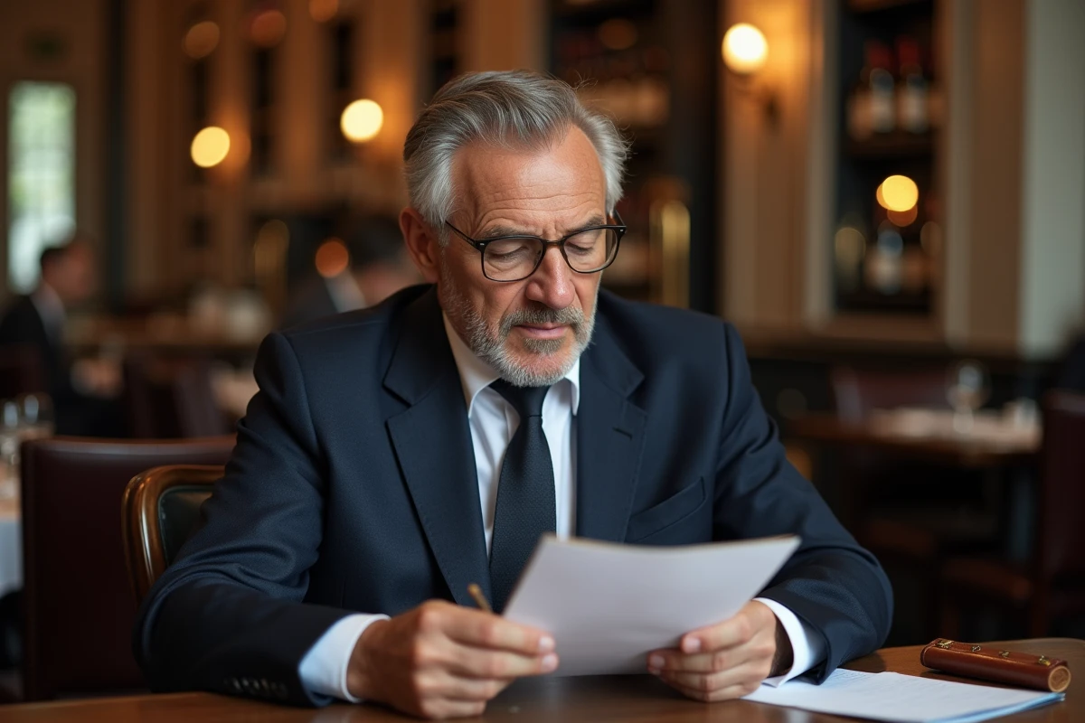 Inspecteur hôtelier quinquagénaire consultant une liste de critères dans un restaurant de palace