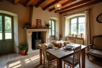Intérieur chaleureux d'un gîte rural en France avec murs en pierre, table dressée et vue sur la campagne