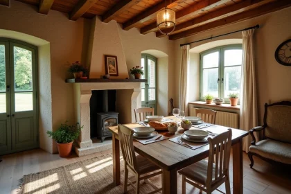 Intérieur chaleureux d'un gîte rural en France avec murs en pierre, table dressée et vue sur la campagne