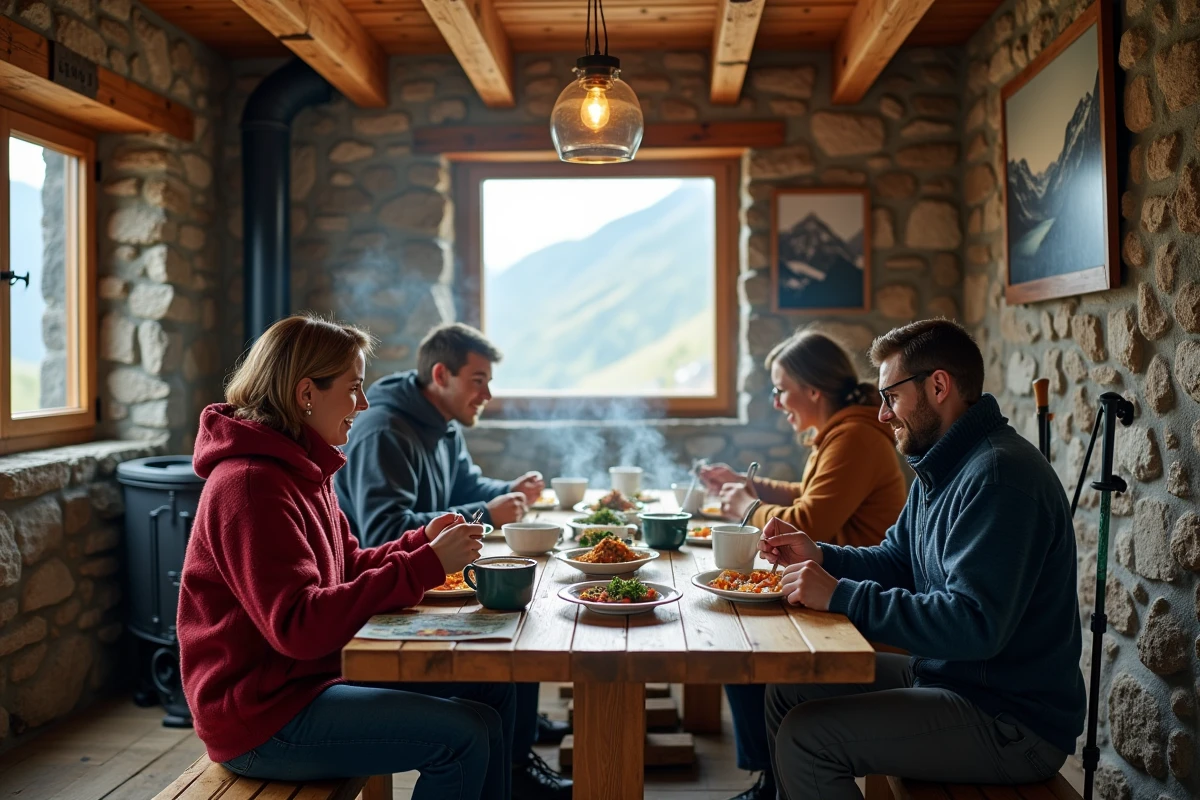 Intérieur chaleureux d'un refuge de montagne avec randonneurs autour d'une table en bois