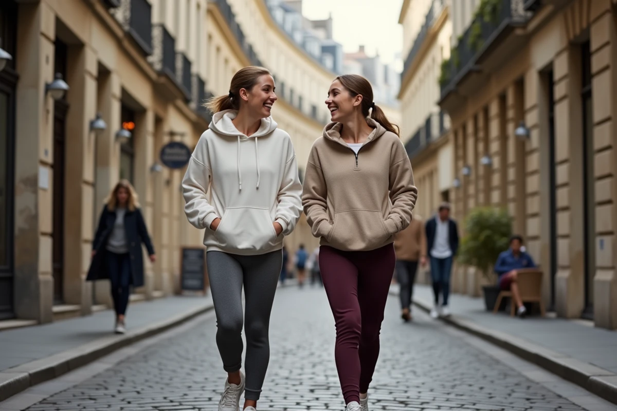 Deux femmes en tenue de sport marchant et discutant dans les ruelles historiques du Marais à Paris