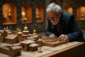 Historien examinant une maquette architecturale de Kiev médiévale avec des églises orthodoxes à dômes dorés dans un musée