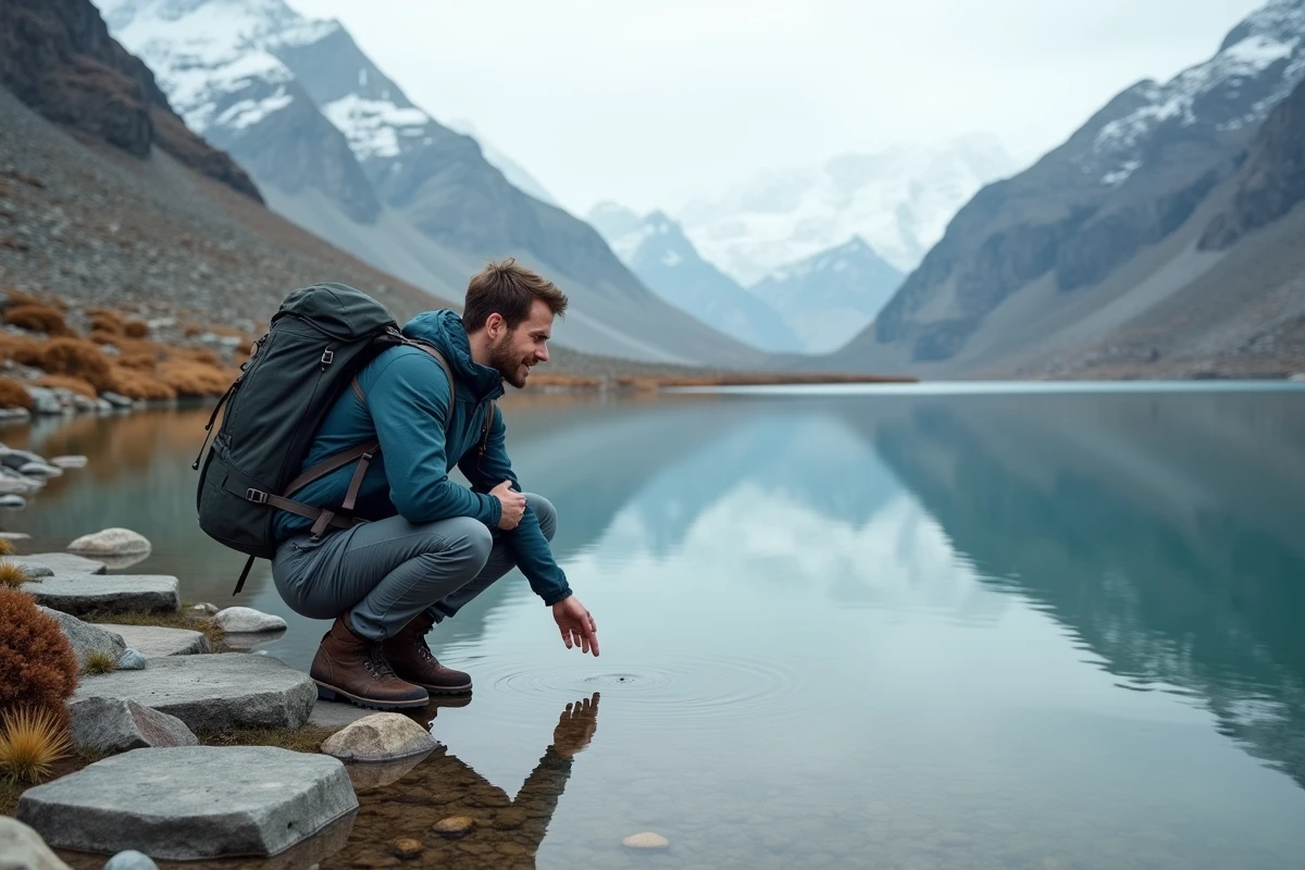 Voyageur au bord d'un lac de montagne en altitude entouré de pics granitiques, ressource naturelle touristique exceptionnelle