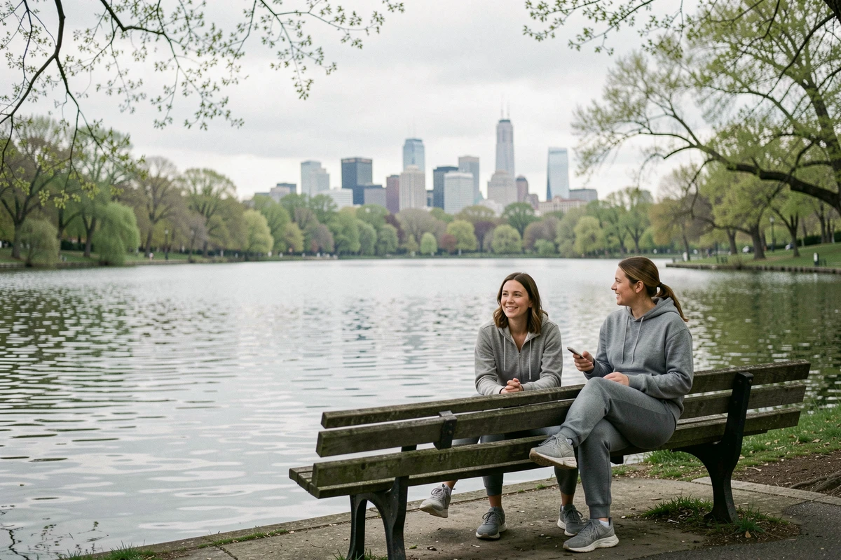 Le lac de Flushing Meadows dans Corona Park à Queens, avec des promeneurs sur un banc au bord de l'eau au printemps