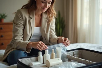 Femme préparant ses bagages à main avec des petits flacons de liquides dans un sac plastique transparent réglementaire